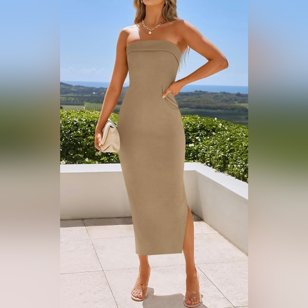 ZESICA Summer Strapless Bodycon Midi Dress #859 - Picture 7 of 12